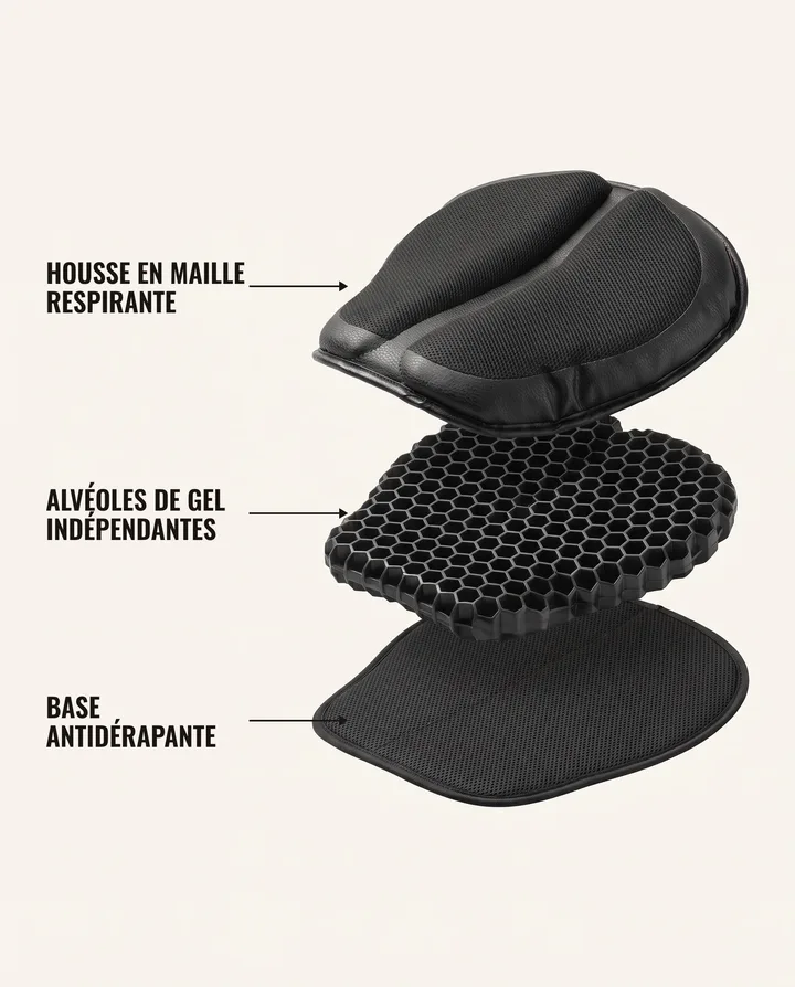 Housse en maille, alvéoles de gel, base antidérapante